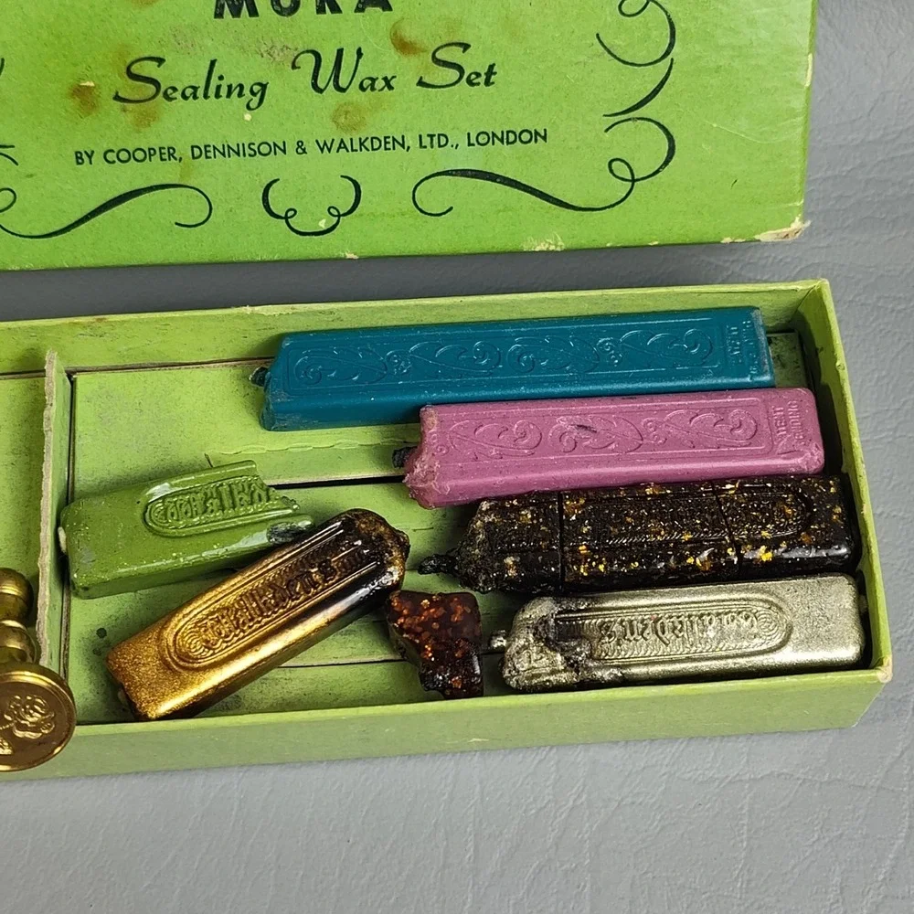 Vtg Mura Sealing Wax Set Rose & Letter 'E' Monogram‎ Stamp Brass Seal England